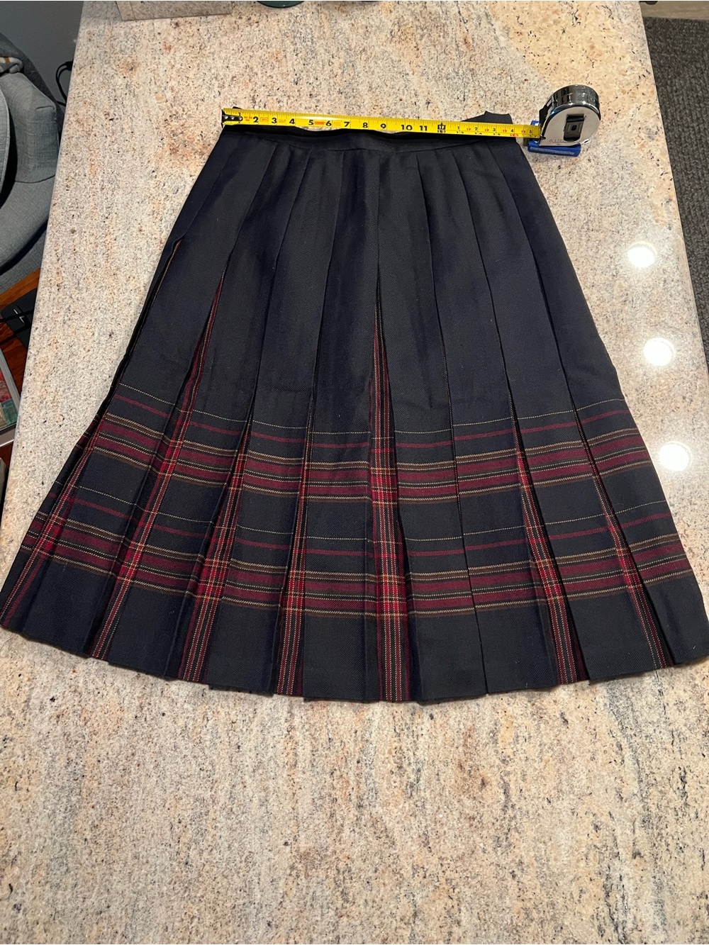 Classic English Wool Pleated Midi Skirt with Tartan Trim - Black with Red Accent